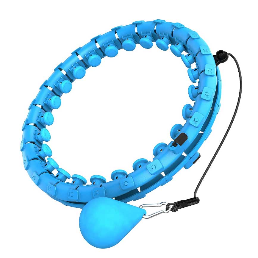 Blue smart weighted fitness hoop with weighted ball on a white background.