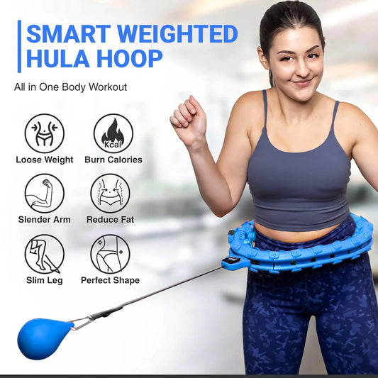 Woman using smart weighted fitness hoop with text highlighting calorie burn and workout benefits.