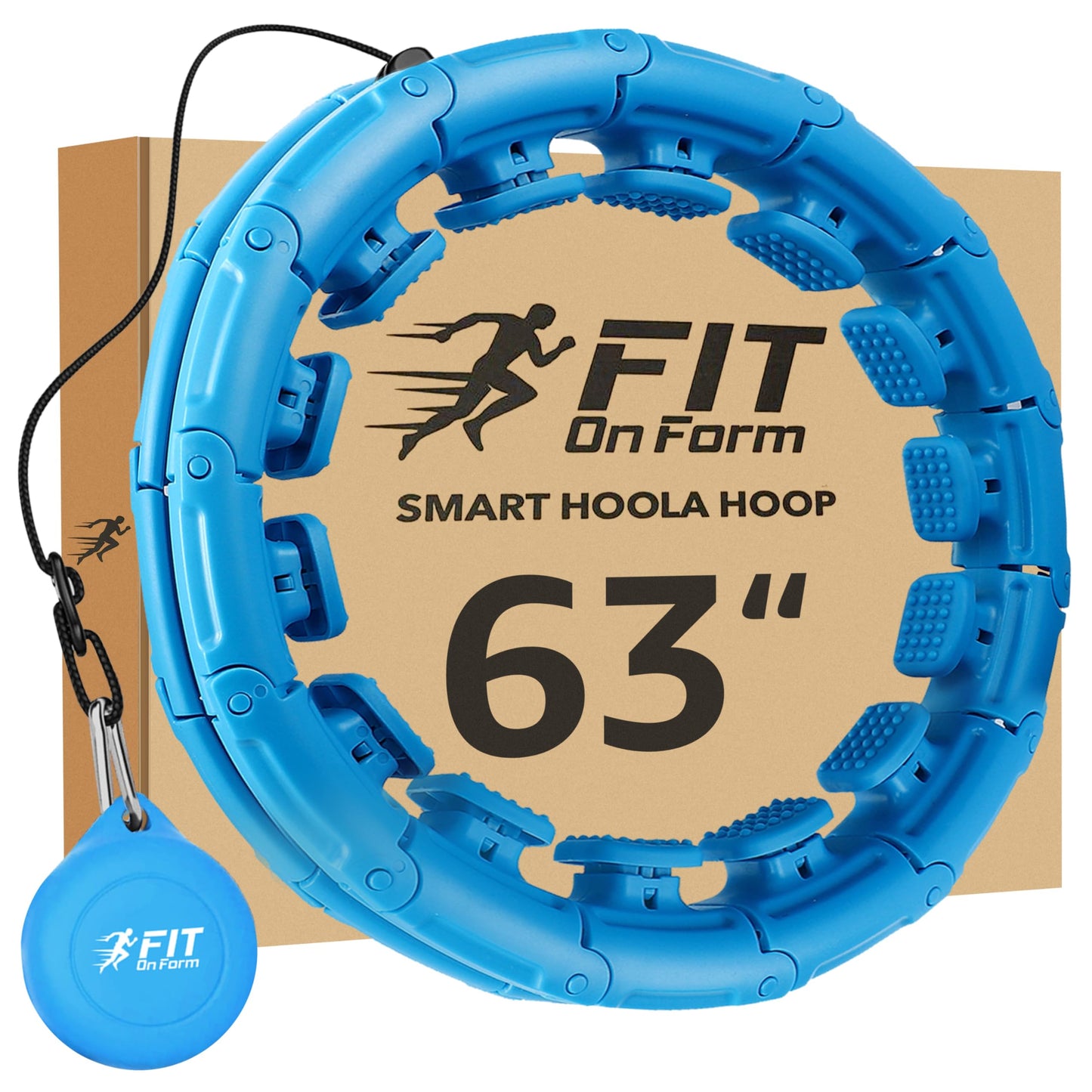 Blue smart weighted fitness hoop shown with branded packaging box and 63-inch size label.